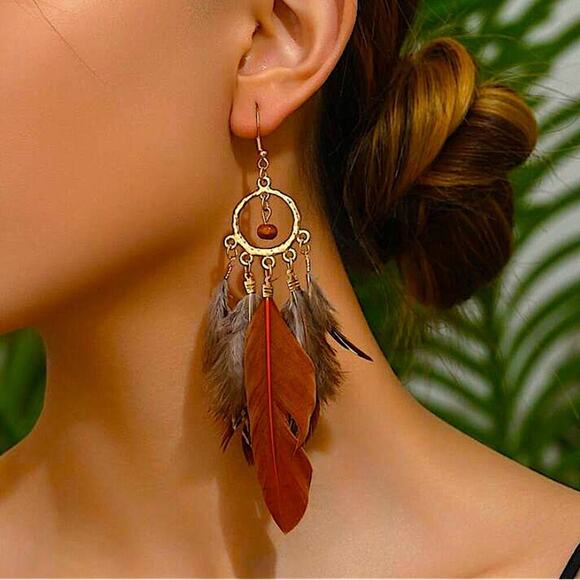 Bohemian Handmade Feather Dangle Earrings, Tribal Design, Western, Boho, Fr… - Picture 2 of 4